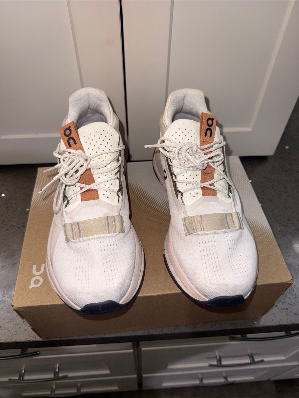 On Running Sneakers in White with Tan Accents